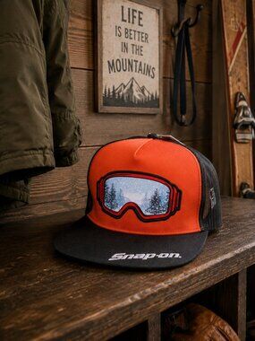 Snap-on Ski Goggles Trucker Hat Snapback Orange Black Mesh NWT Official